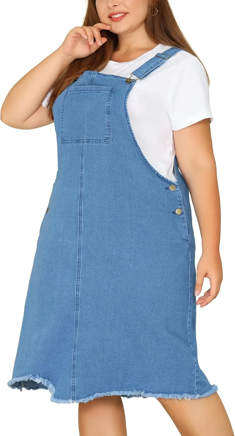 Agnes Orinda Plus Size Women's Denim Overall Dresses Frayed Adjustable Jean Straps Suspender Summer Dress