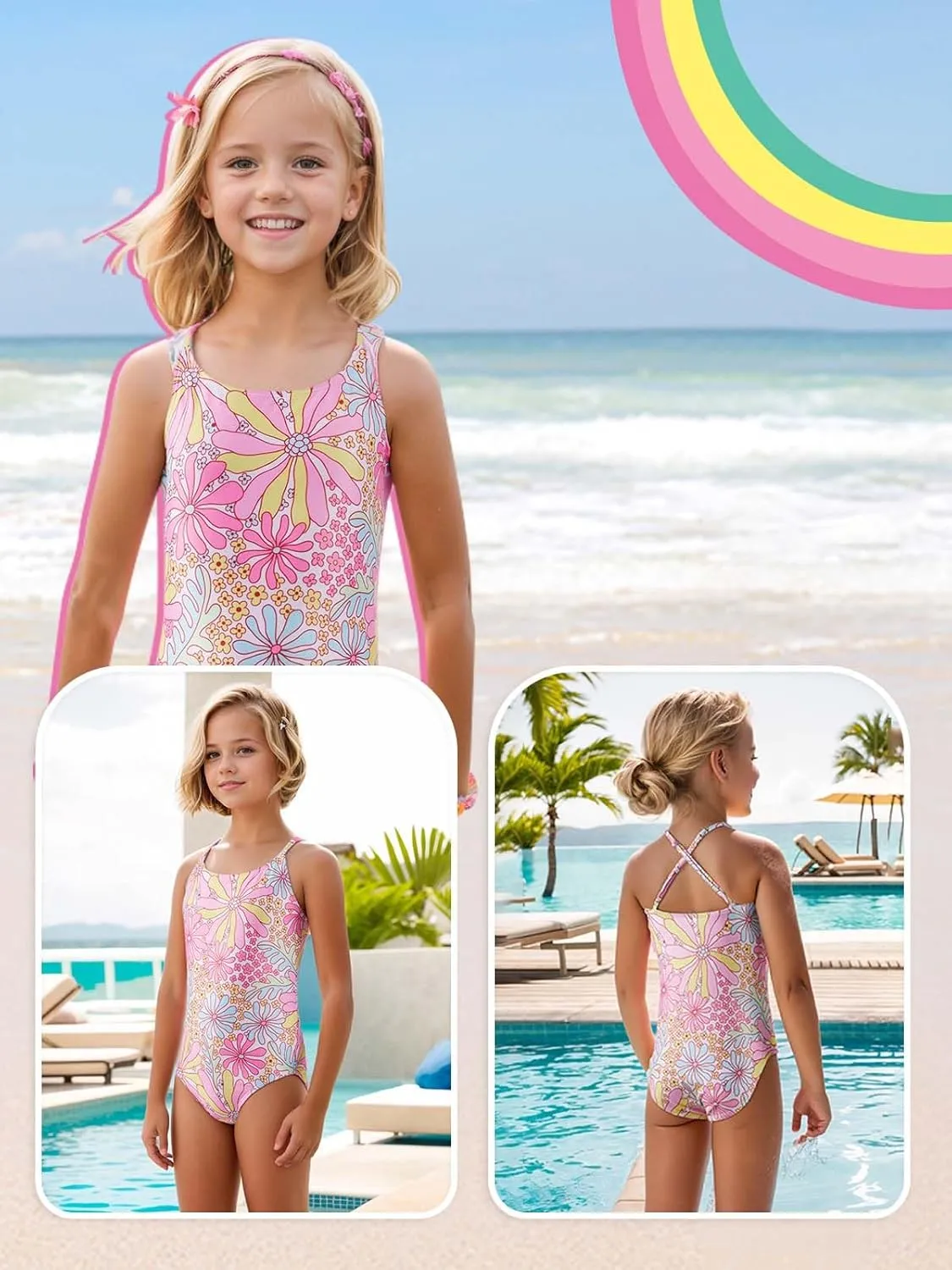 Angel season Girls One Piece Swimsuits Teens Bathing Suit Straps Kids Cute Swimwear with UPF 50  Daisy Halter Size 7-14
