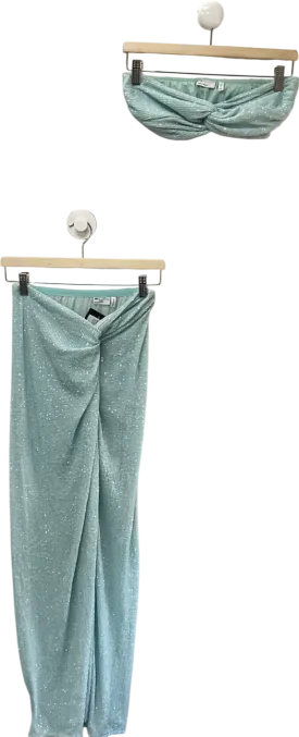 ASOS Sequin Twist Maxi Beach Skirt Co Ord In Soft Blue & Twist Bandeau Top UK 8