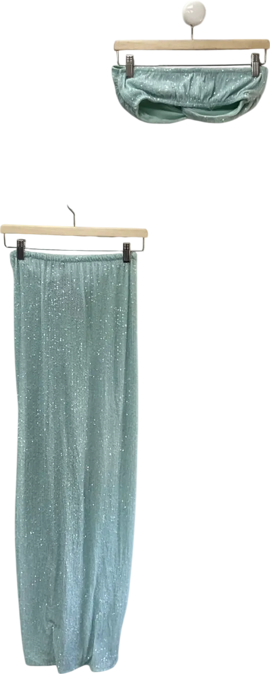 ASOS Sequin Twist Maxi Beach Skirt Co Ord In Soft Blue & Twist Bandeau Top UK 8