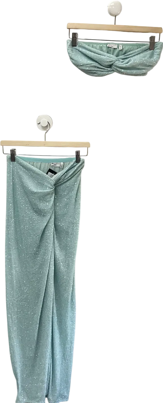 ASOS Sequin Twist Maxi Beach Skirt Co Ord In Soft Blue & Twist Bandeau Top UK 8
