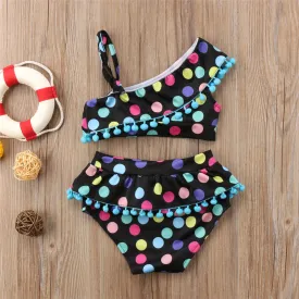 Baby Girls Polka Dot Tassel One Shoulder Two Piece Bikini Set