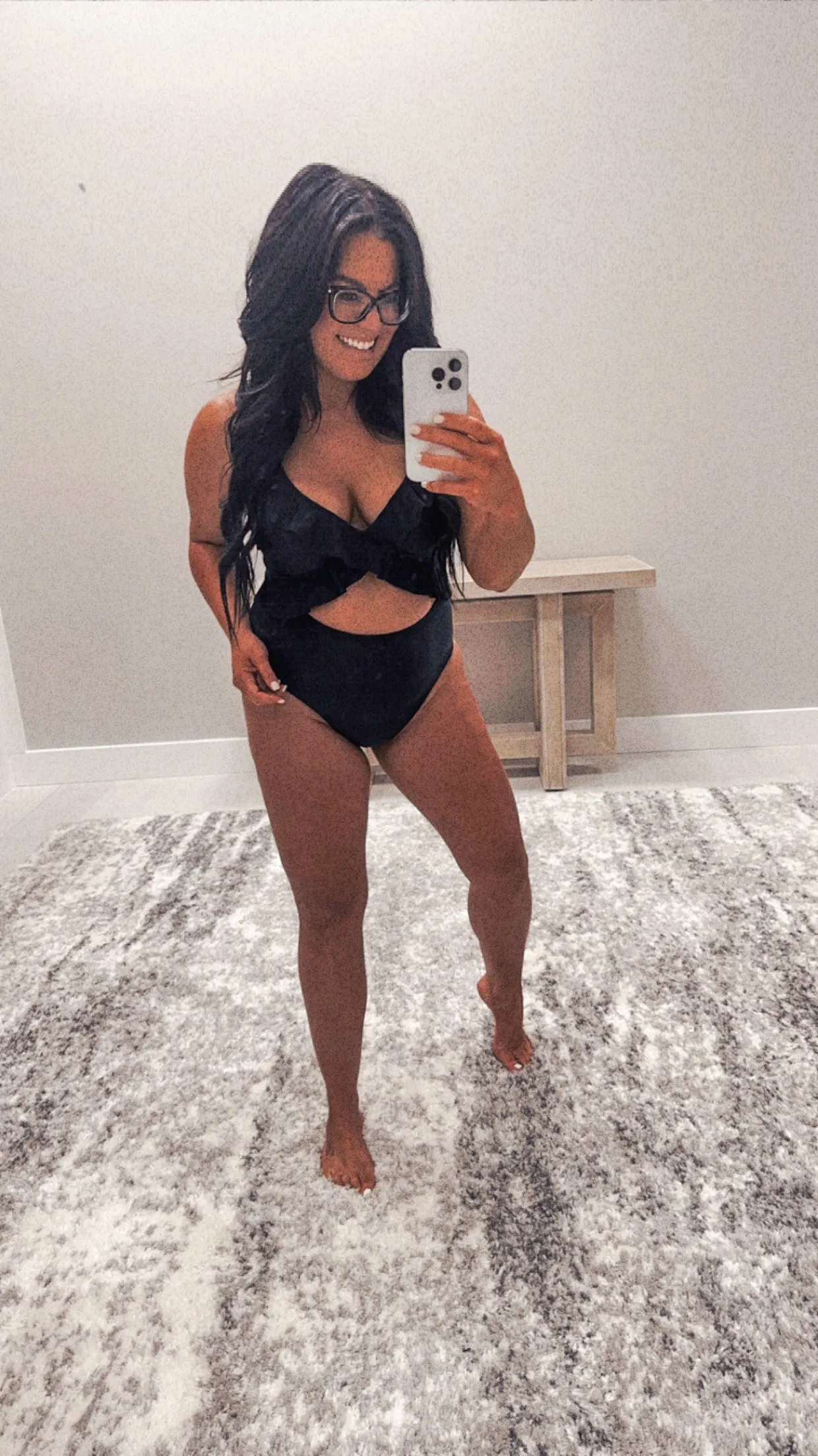 Black Ruffled Solid Ruffled Open Back One Piece Swimsuit