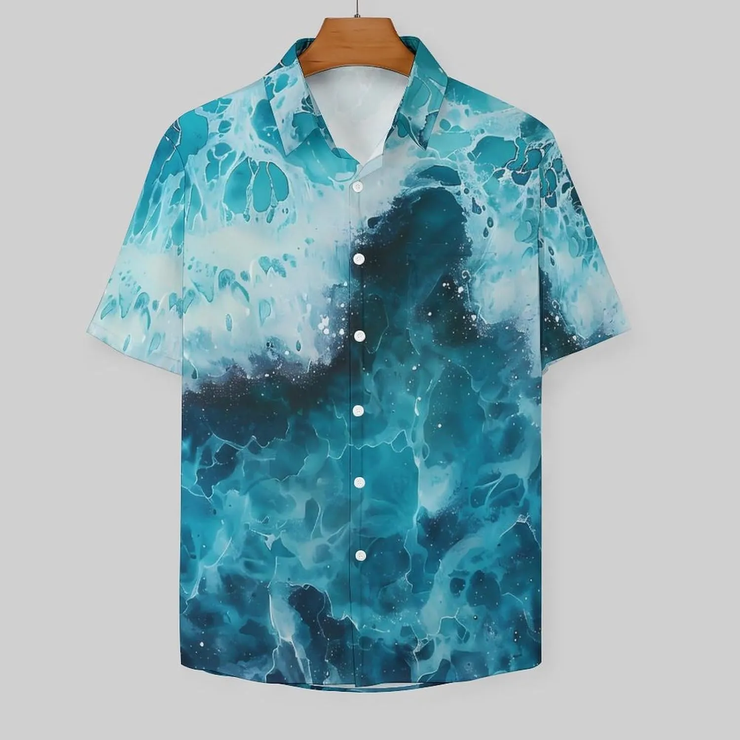 Blue Ocean Waves Shirts for Men Short Sleeve T Shirt Casual Button Down Top with Pocket