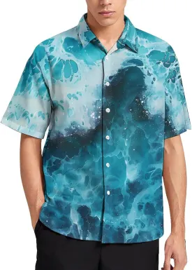 Blue Ocean Waves Shirts for Men Short Sleeve T Shirt Casual Button Down Top with Pocket