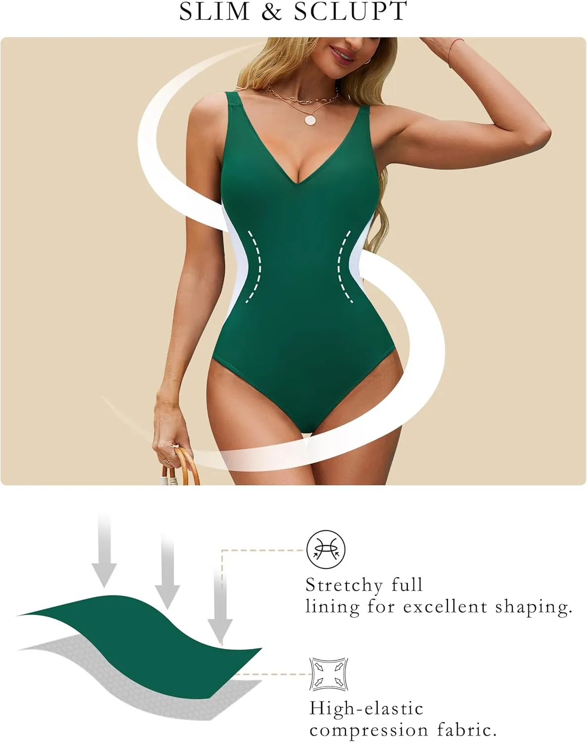BMJL Women's One Piece Swimsuit Slimming Tummy Control Bathing Suit Deep V Neck Color Block Lace Up Back Swimwear