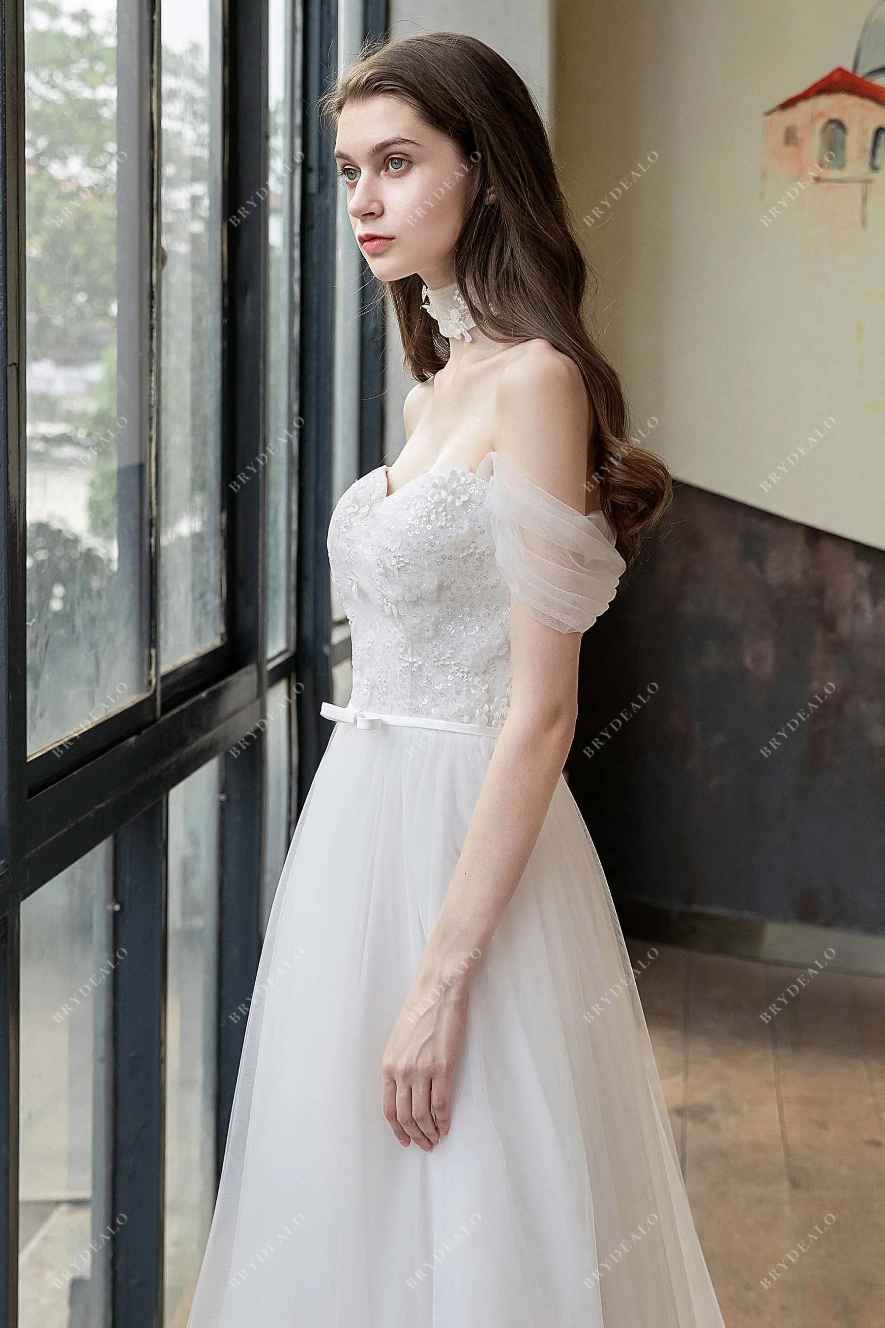 Boho Off-the-Shoulder Flower Lace A-line Summer Wedding Dress