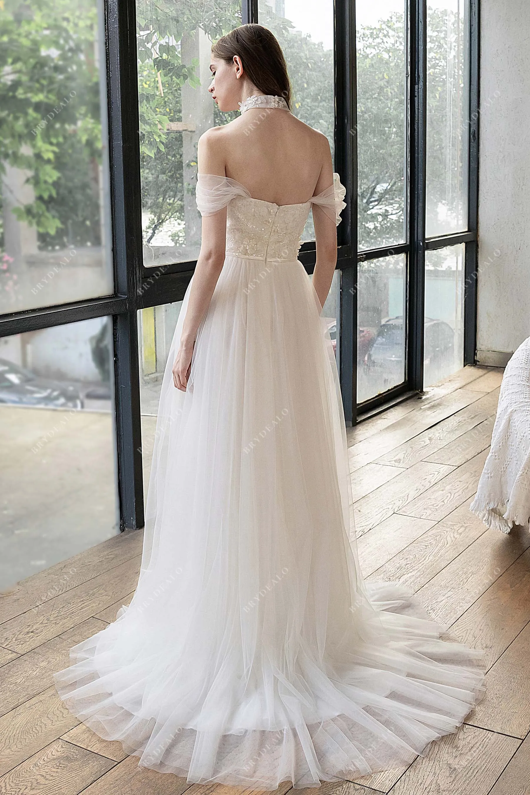 Boho Off-the-Shoulder Flower Lace A-line Summer Wedding Dress