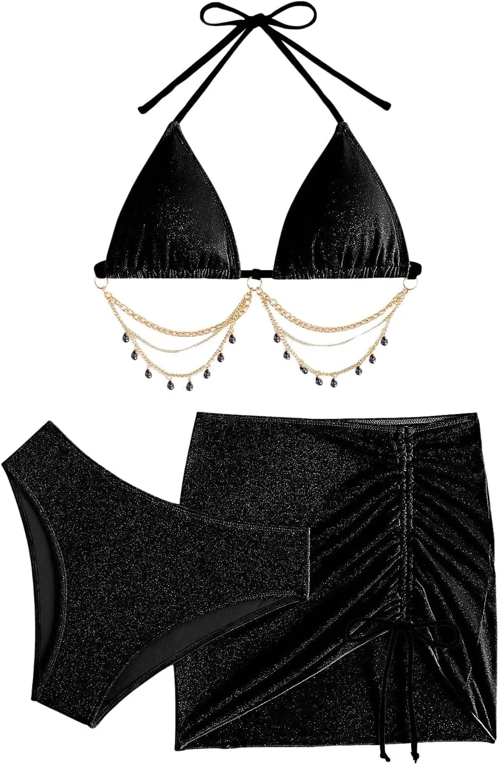 COZYEASE Women's 3 Piece Bikini Set Backless Halter Neck Triangle Chain Swimsuit Set with Beach Skirt