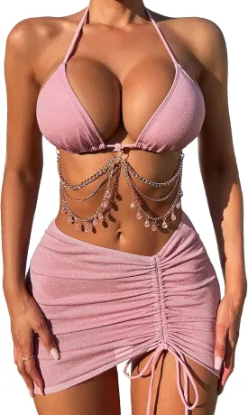 COZYEASE Women's 3 Piece Bikini Set Backless Halter Neck Triangle Chain Swimsuit Set with Beach Skirt