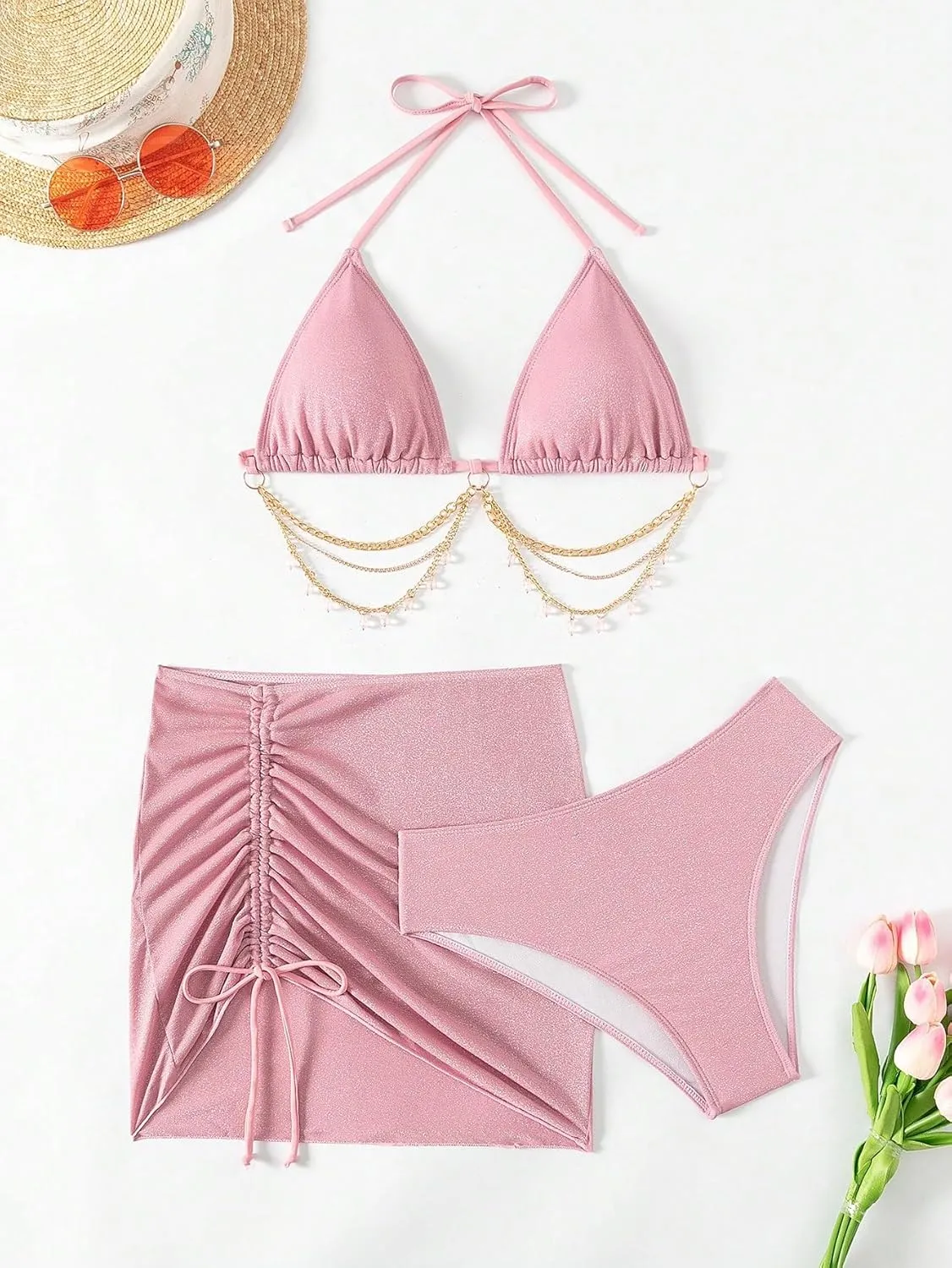 COZYEASE Women's 3 Piece Bikini Set Backless Halter Neck Triangle Chain Swimsuit Set with Beach Skirt
