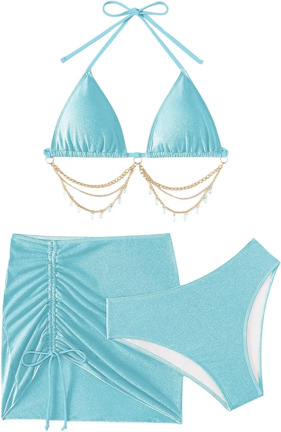 COZYEASE Women's 3 Piece Bikini Set Backless Halter Neck Triangle Chain Swimsuit Set with Beach Skirt