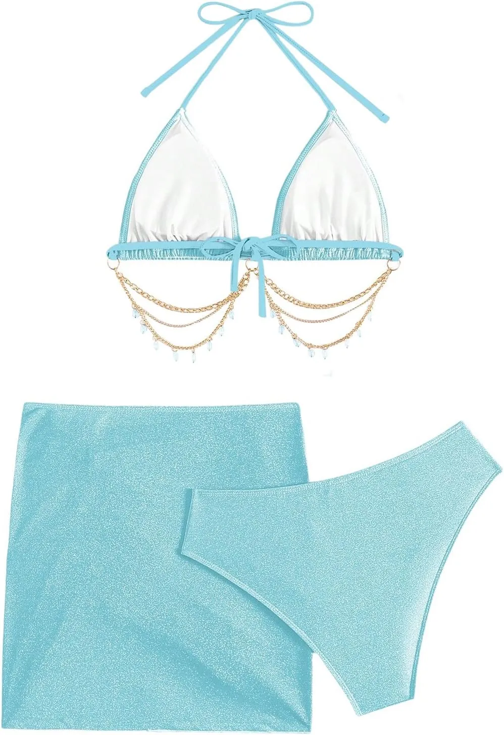 COZYEASE Women's 3 Piece Bikini Set Backless Halter Neck Triangle Chain Swimsuit Set with Beach Skirt