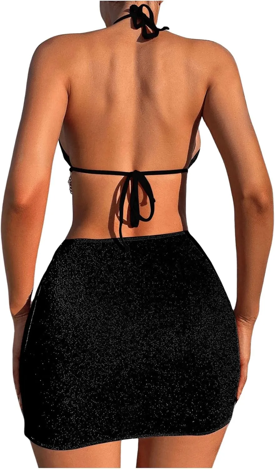 COZYEASE Women's 3 Piece Bikini Set Backless Halter Neck Triangle Chain Swimsuit Set with Beach Skirt