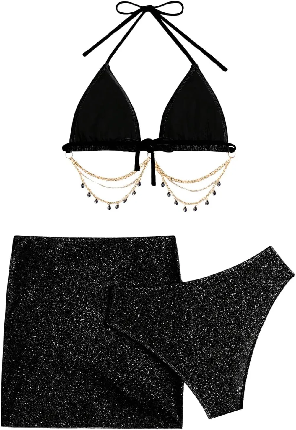 COZYEASE Women's 3 Piece Bikini Set Backless Halter Neck Triangle Chain Swimsuit Set with Beach Skirt