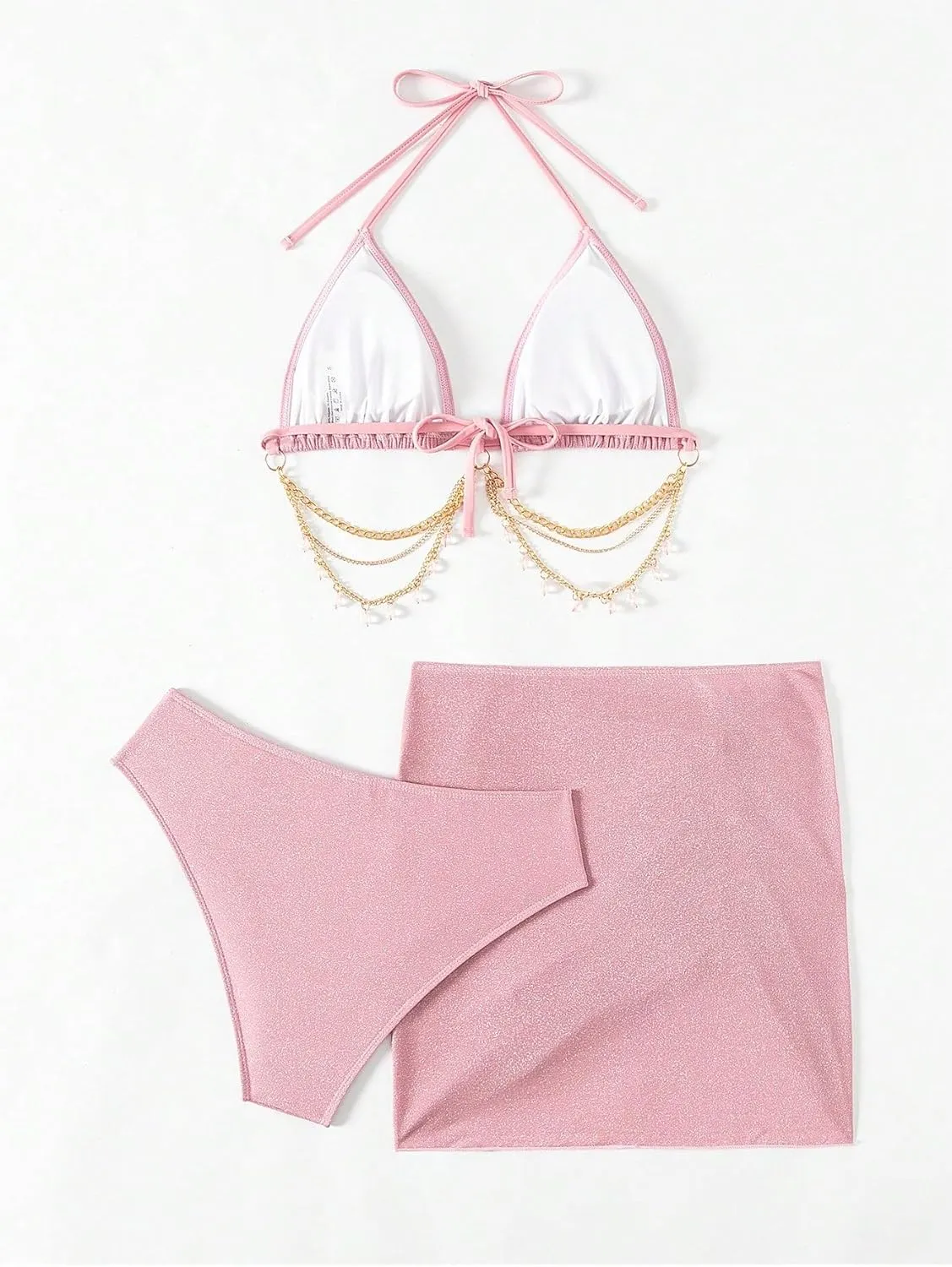 COZYEASE Women's 3 Piece Bikini Set Backless Halter Neck Triangle Chain Swimsuit Set with Beach Skirt