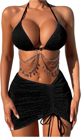 COZYEASE Women's 3 Piece Bikini Set Backless Halter Neck Triangle Chain Swimsuit Set with Beach Skirt
