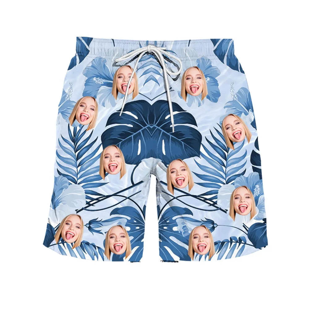Custom Men's Blue Beach Shorts Valentine's Day Gift Summer Men's Bottoms Drawstring Shorts