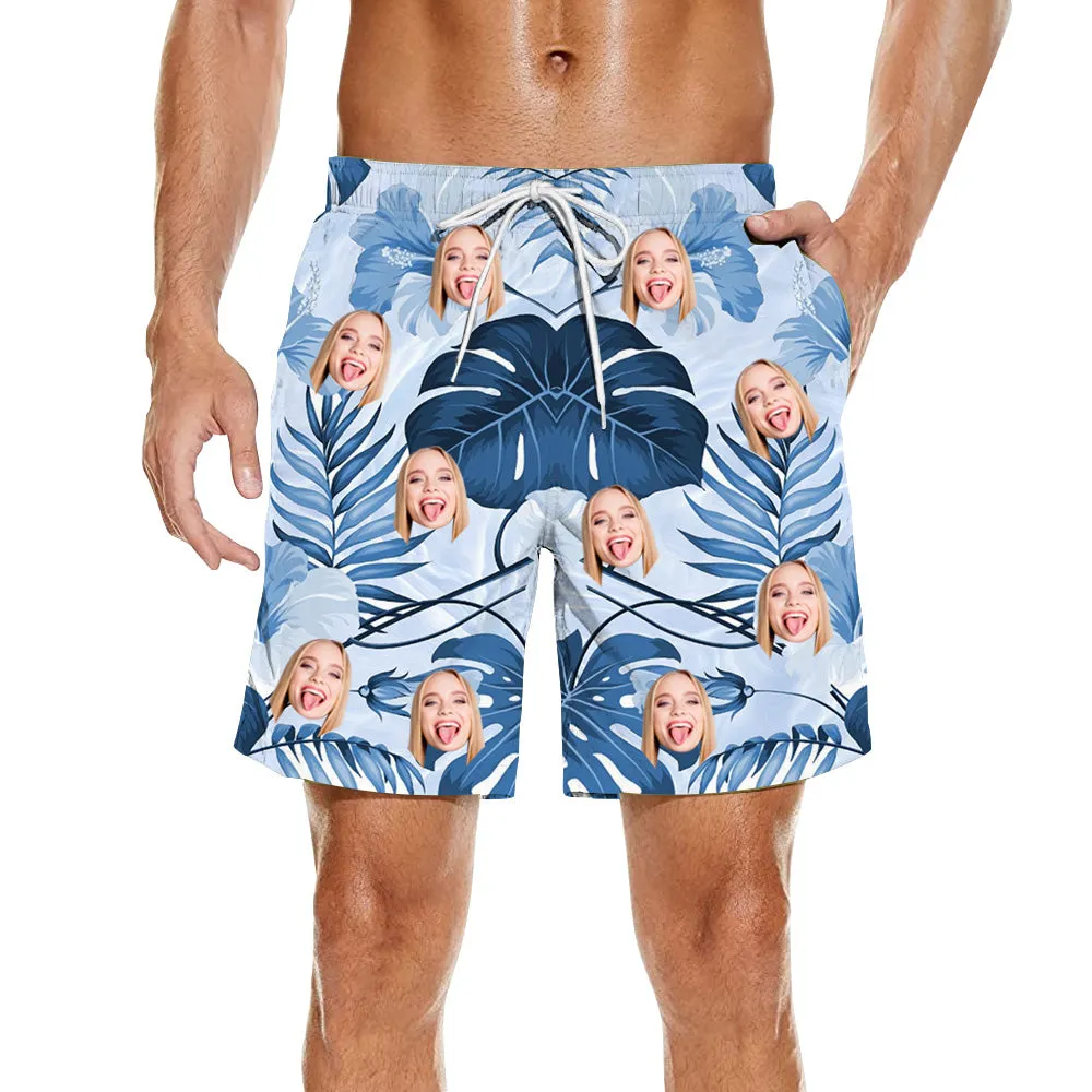 Custom Men's Blue Beach Shorts Valentine's Day Gift Summer Men's Bottoms Drawstring Shorts