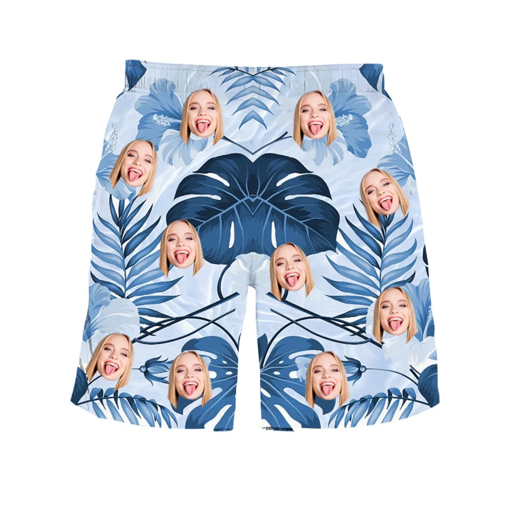 Custom Men's Blue Beach Shorts Valentine's Day Gift Summer Men's Bottoms Drawstring Shorts