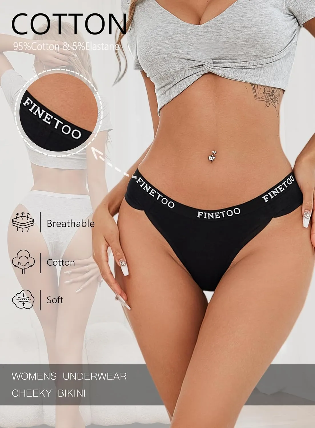 FINETOO Womens Underwear Cotton Cheeky Panties Sexy Breathable Underwear Elastic Waistband Ladies Bikini 5 Pack