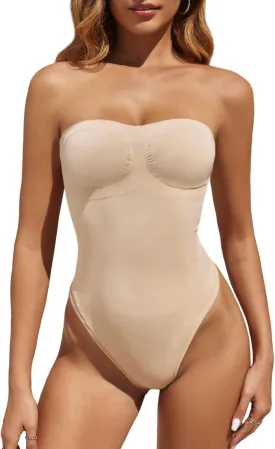 Fisoew Women's Strapless Shapewear Tummy Control Thong Bodysuit One Piece Tube Top Seamless Body Shaper