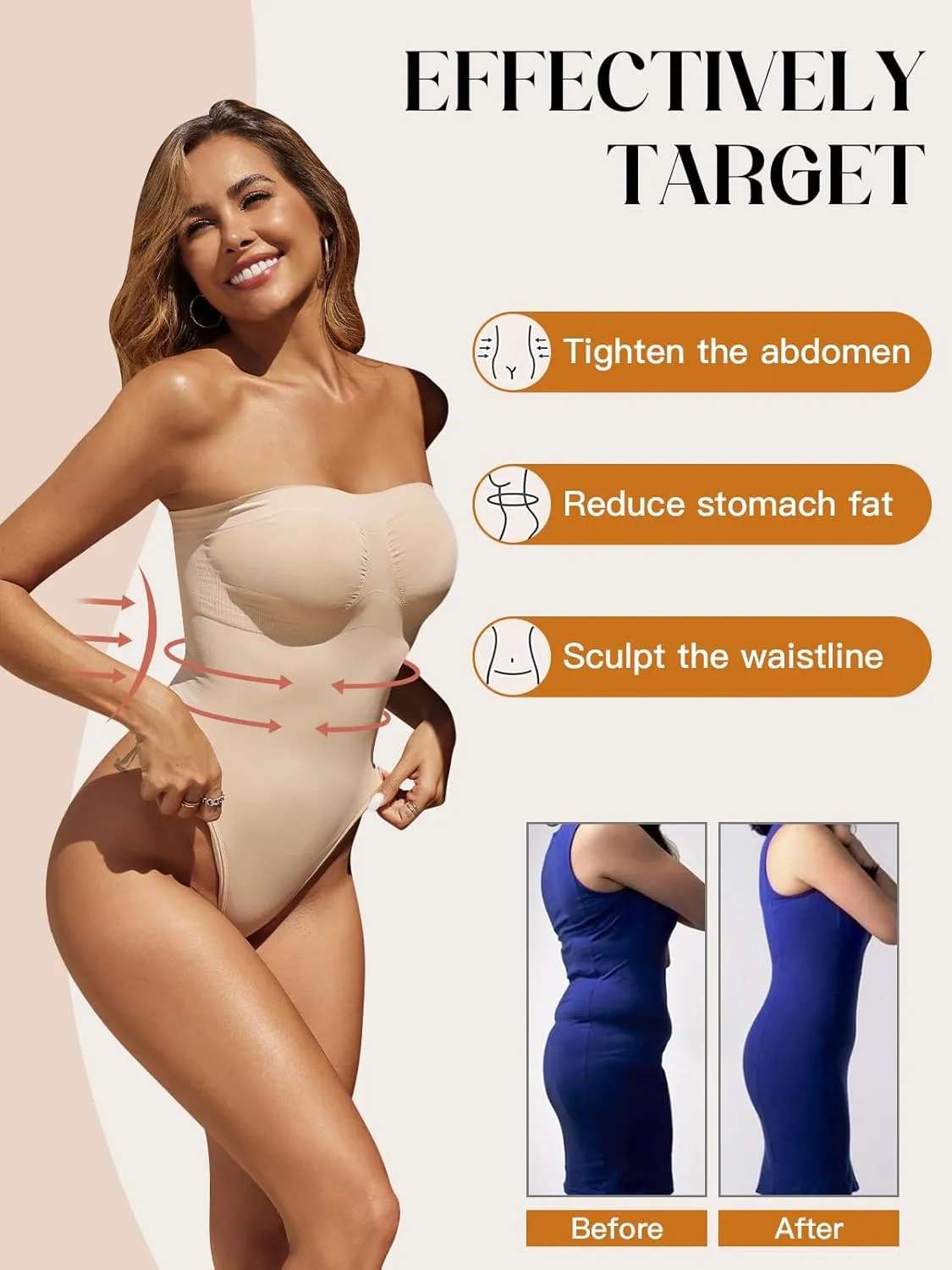 Fisoew Women's Strapless Shapewear Tummy Control Thong Bodysuit One Piece Tube Top Seamless Body Shaper