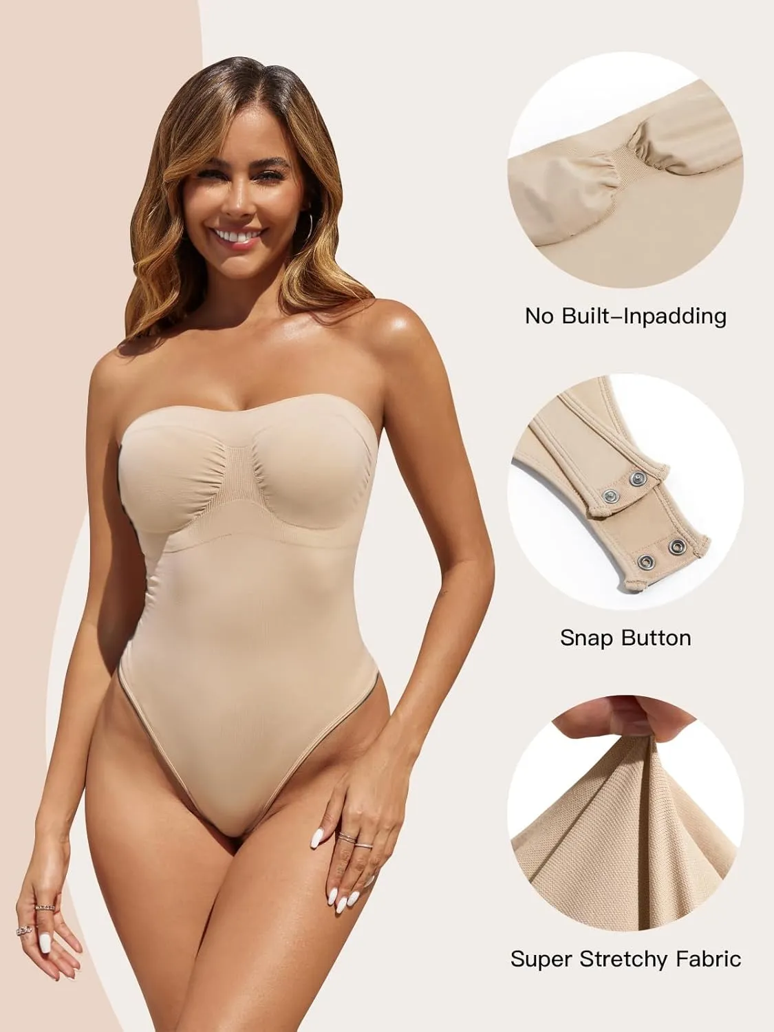 Fisoew Women's Strapless Shapewear Tummy Control Thong Bodysuit One Piece Tube Top Seamless Body Shaper