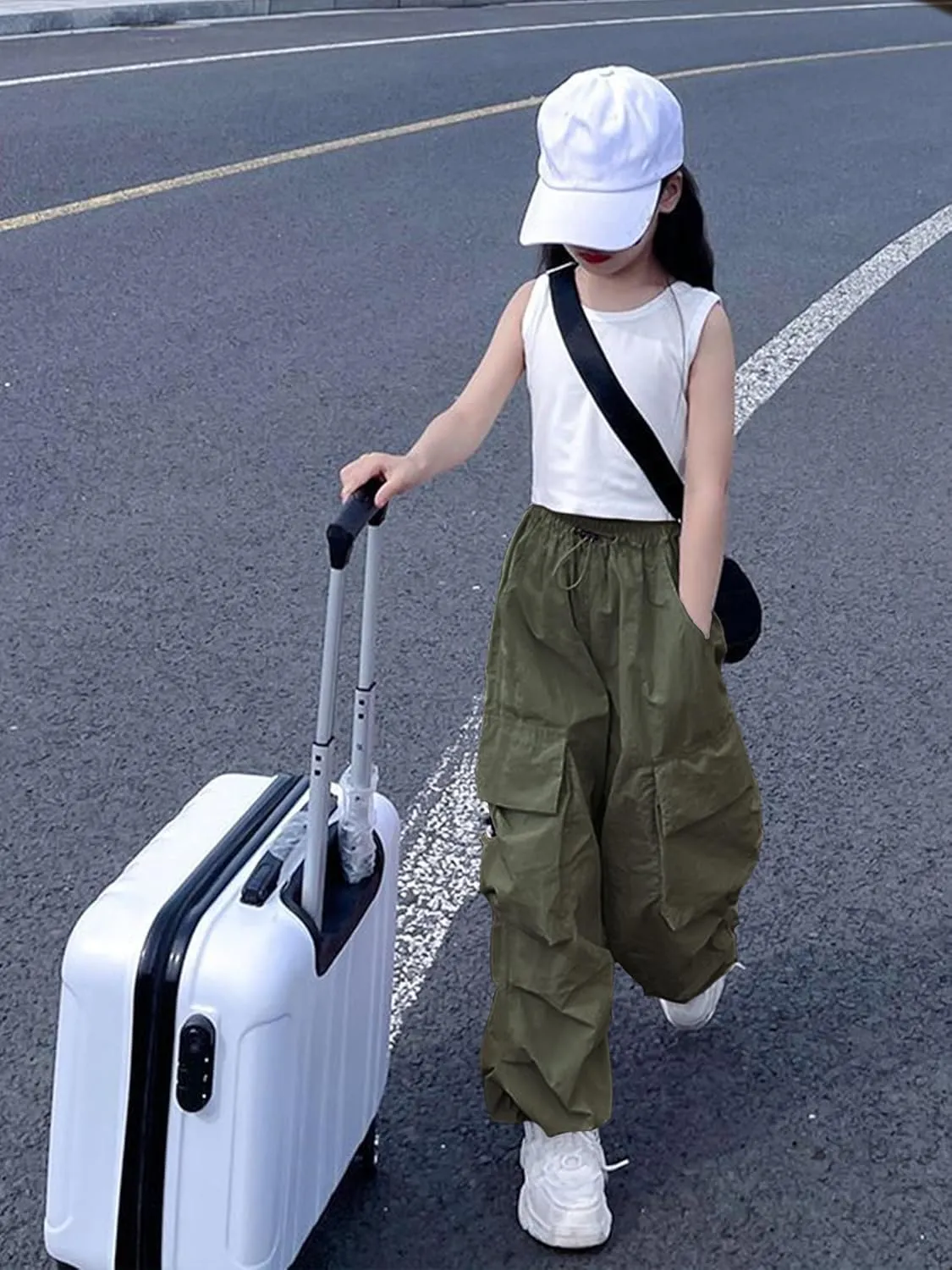 Girls Cargo Pants Elastic Waist Drawstring with Pockets Pants, 6-14 Years