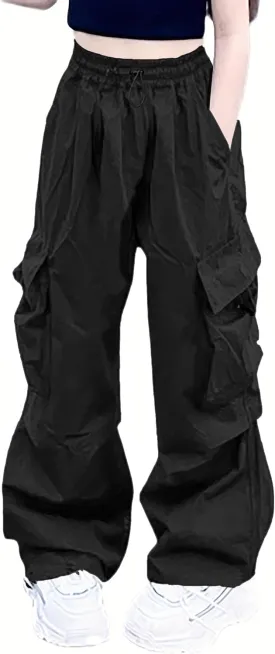 Girls Cargo Pants Elastic Waist Drawstring with Pockets Pants, 6-14 Years