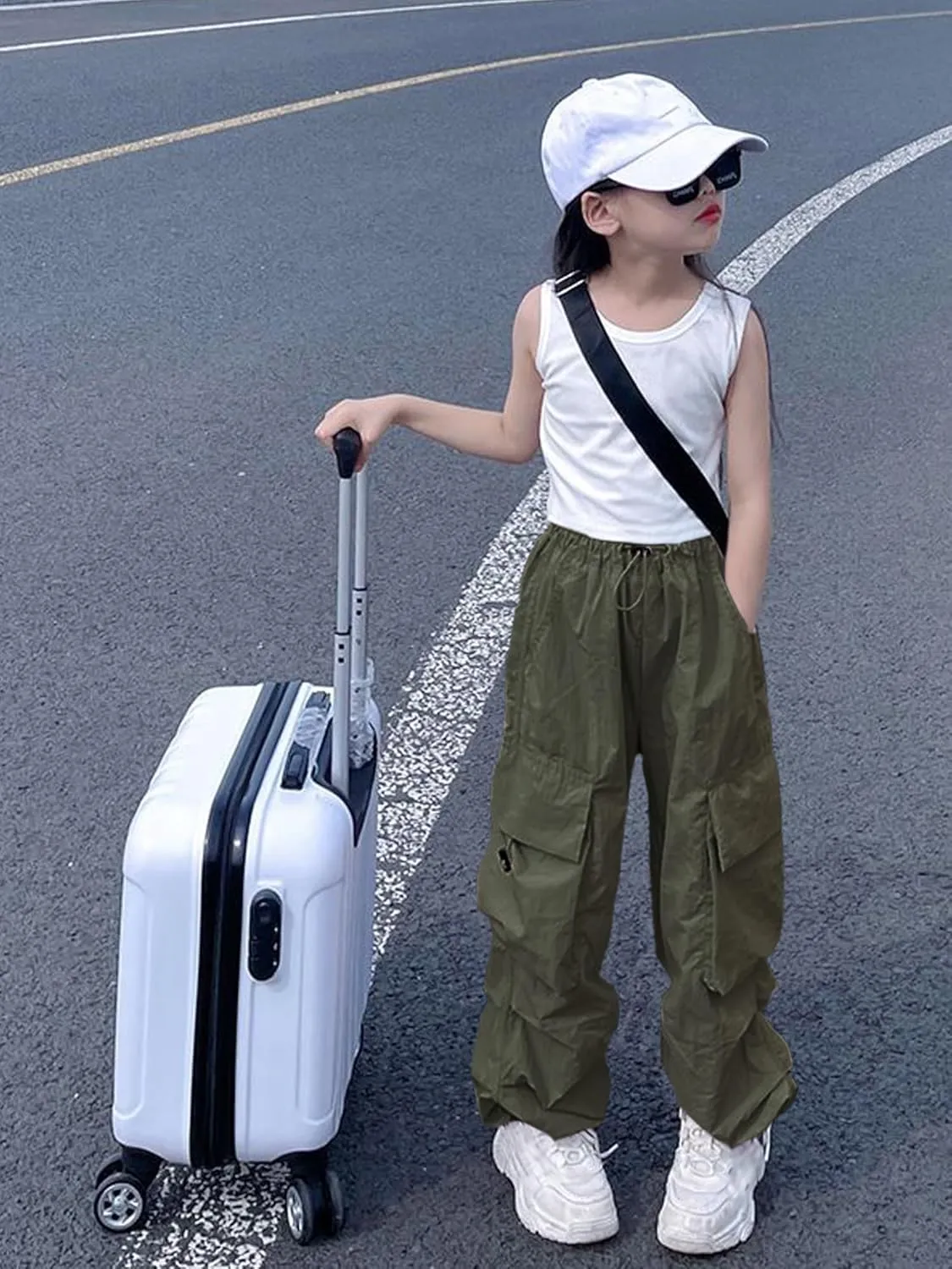 Girls Cargo Pants Elastic Waist Drawstring with Pockets Pants, 6-14 Years