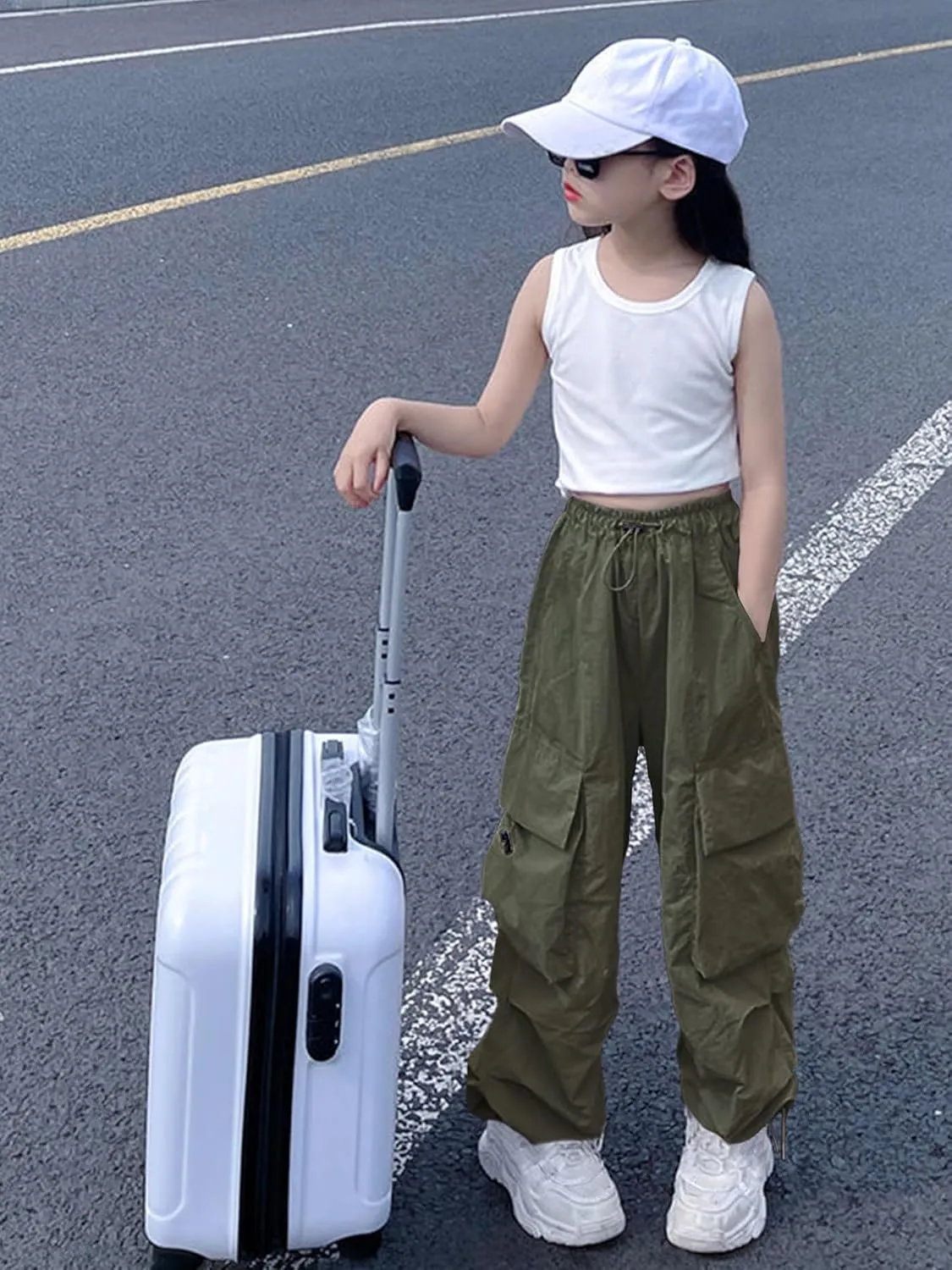 Girls Cargo Pants Elastic Waist Drawstring with Pockets Pants, 6-14 Years