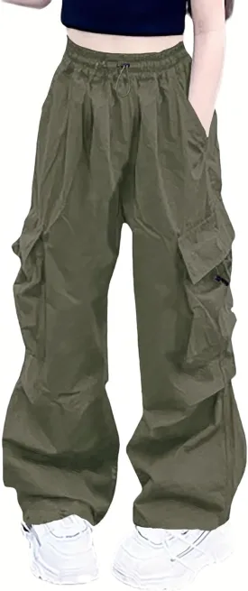 Girls Cargo Pants Elastic Waist Drawstring with Pockets Pants, 6-14 Years