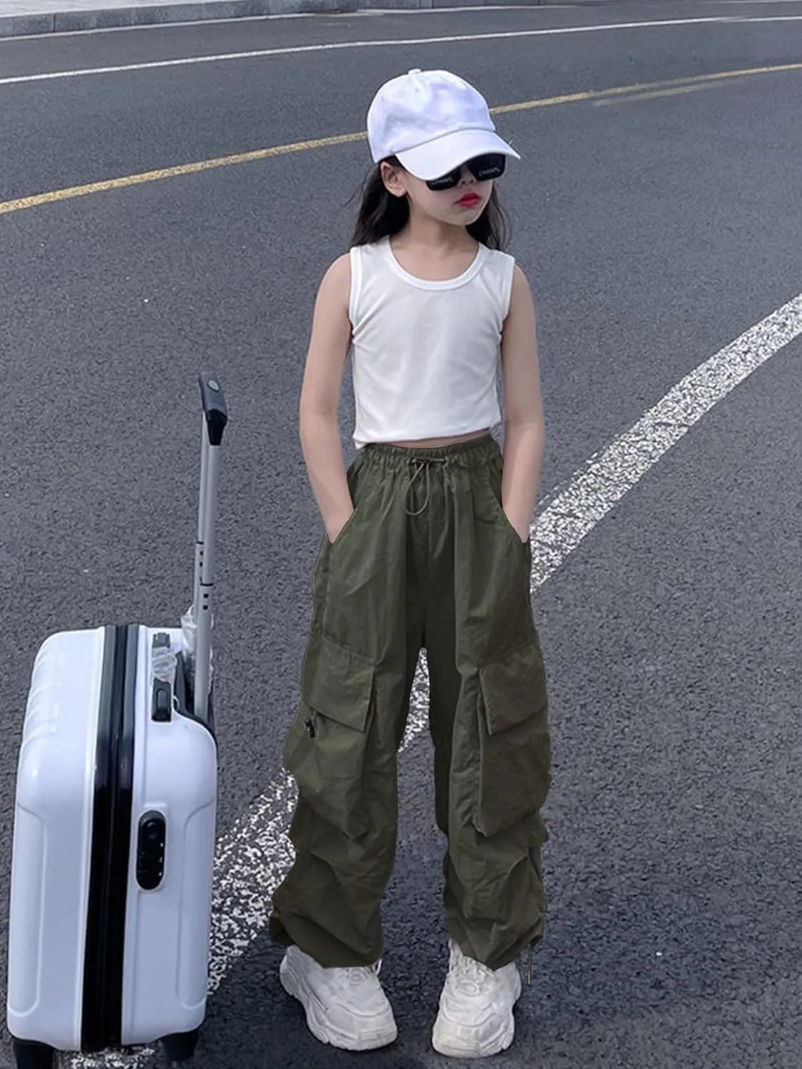 Girls Cargo Pants Elastic Waist Drawstring with Pockets Pants, 6-14 Years