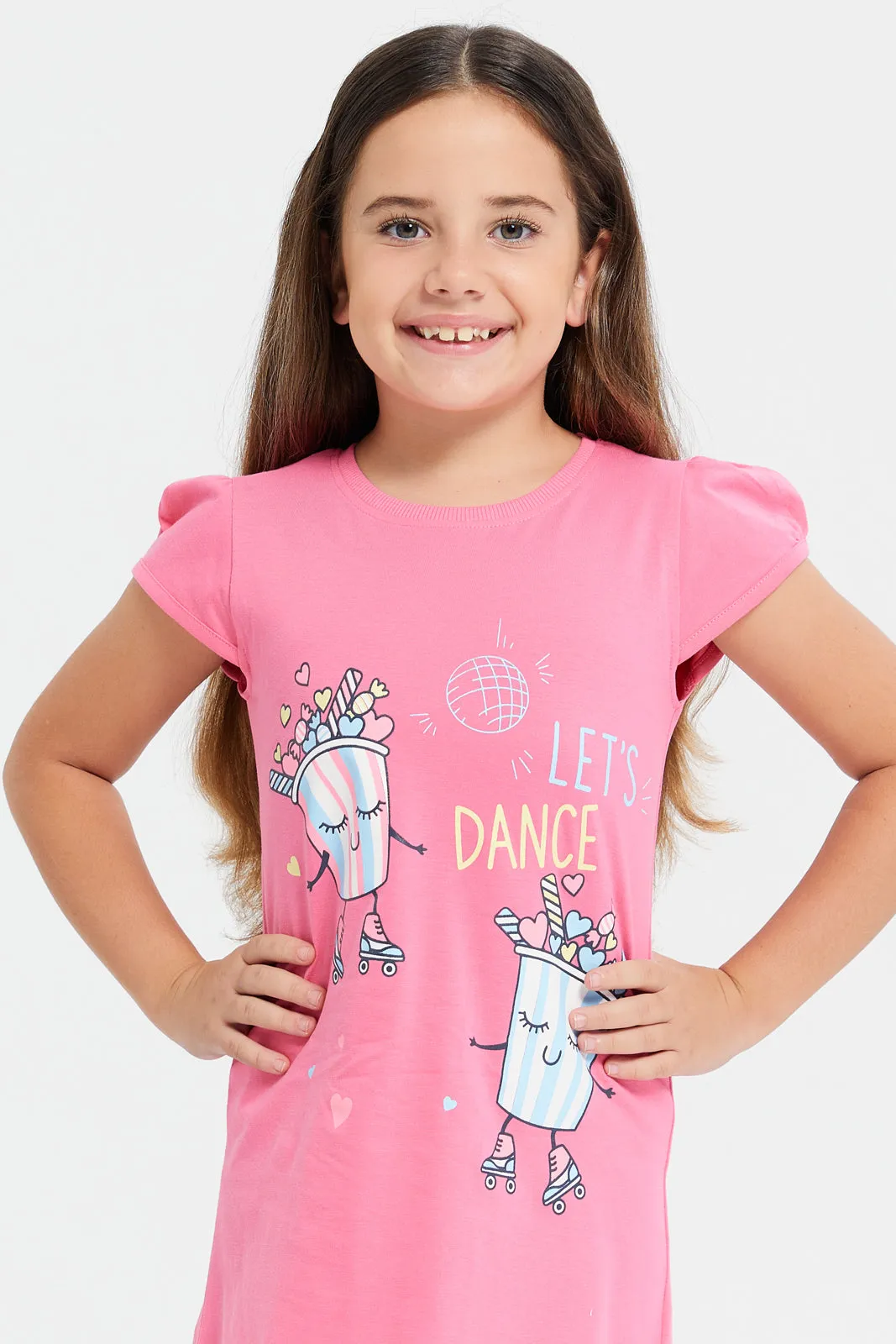 Girls Pink Print  Night Dress