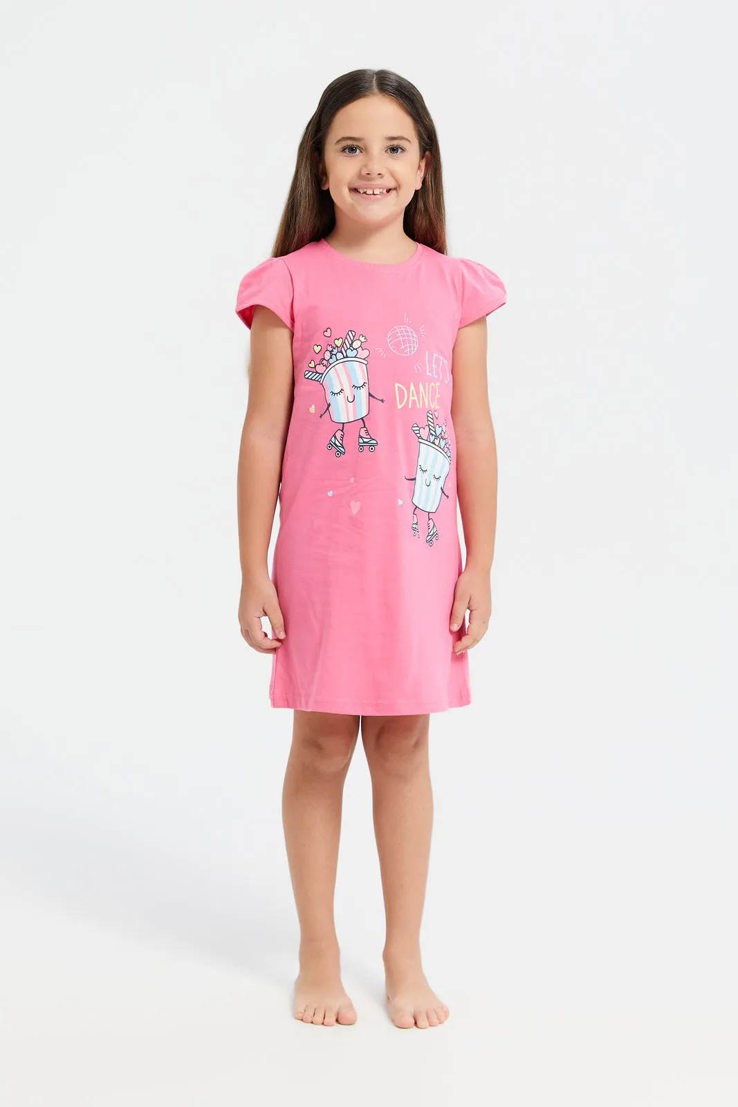 Girls Pink Print  Night Dress