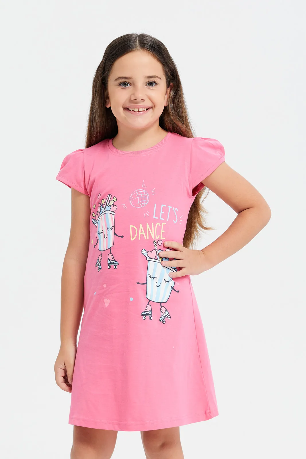 Girls Pink Print  Night Dress