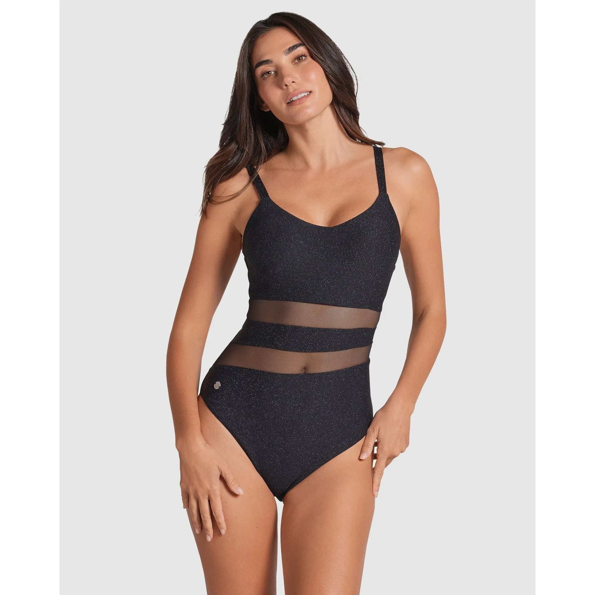 Glittery Tummy Shaping One-Piece Swimsuit with Mesh Stripes