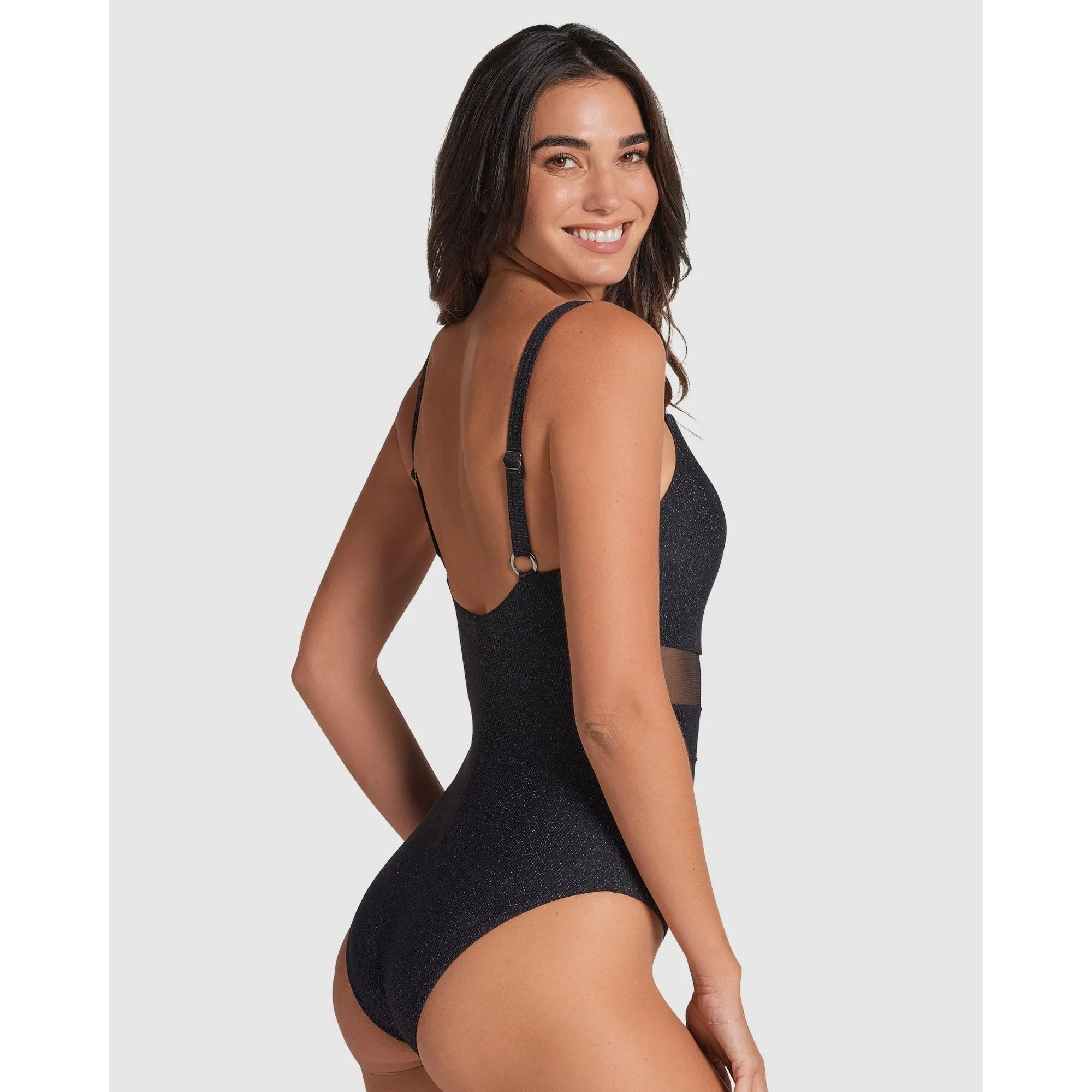 Glittery Tummy Shaping One-Piece Swimsuit with Mesh Stripes
