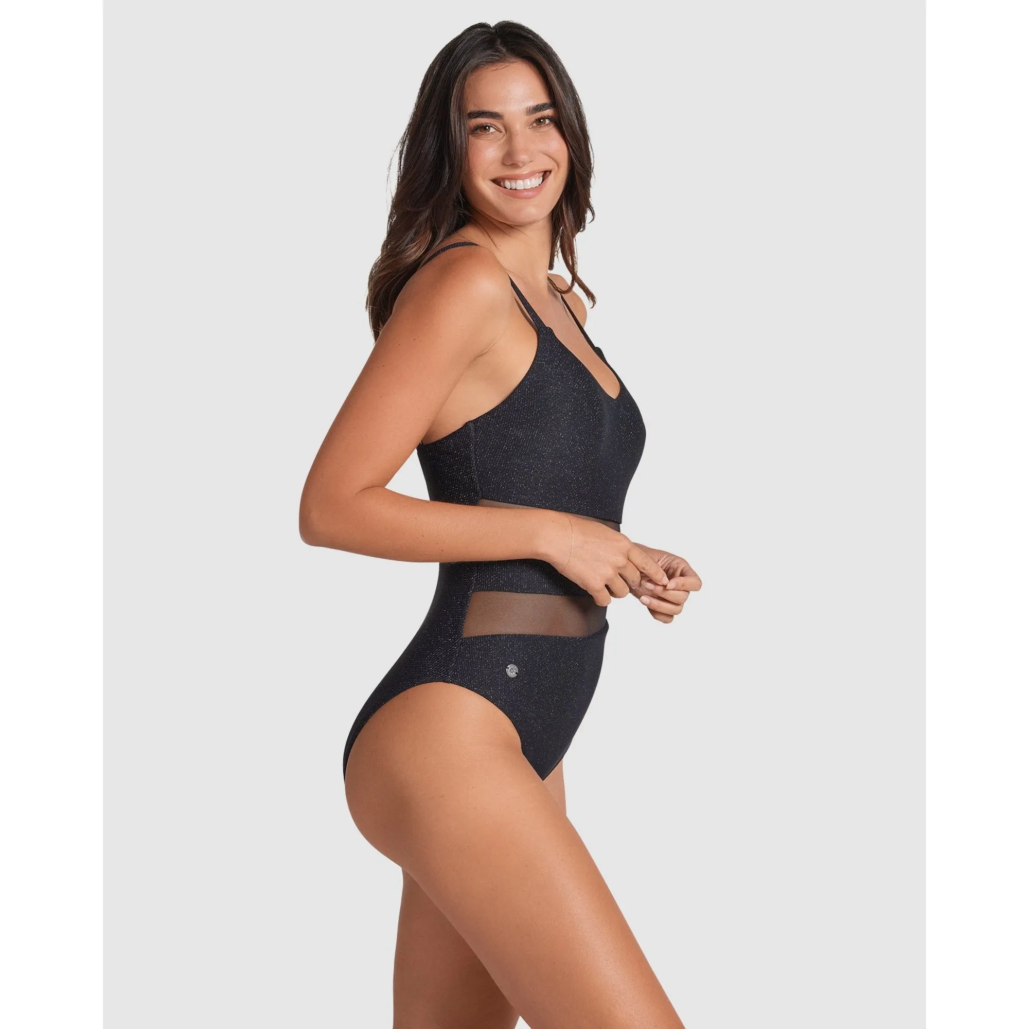 Glittery Tummy Shaping One-Piece Swimsuit with Mesh Stripes