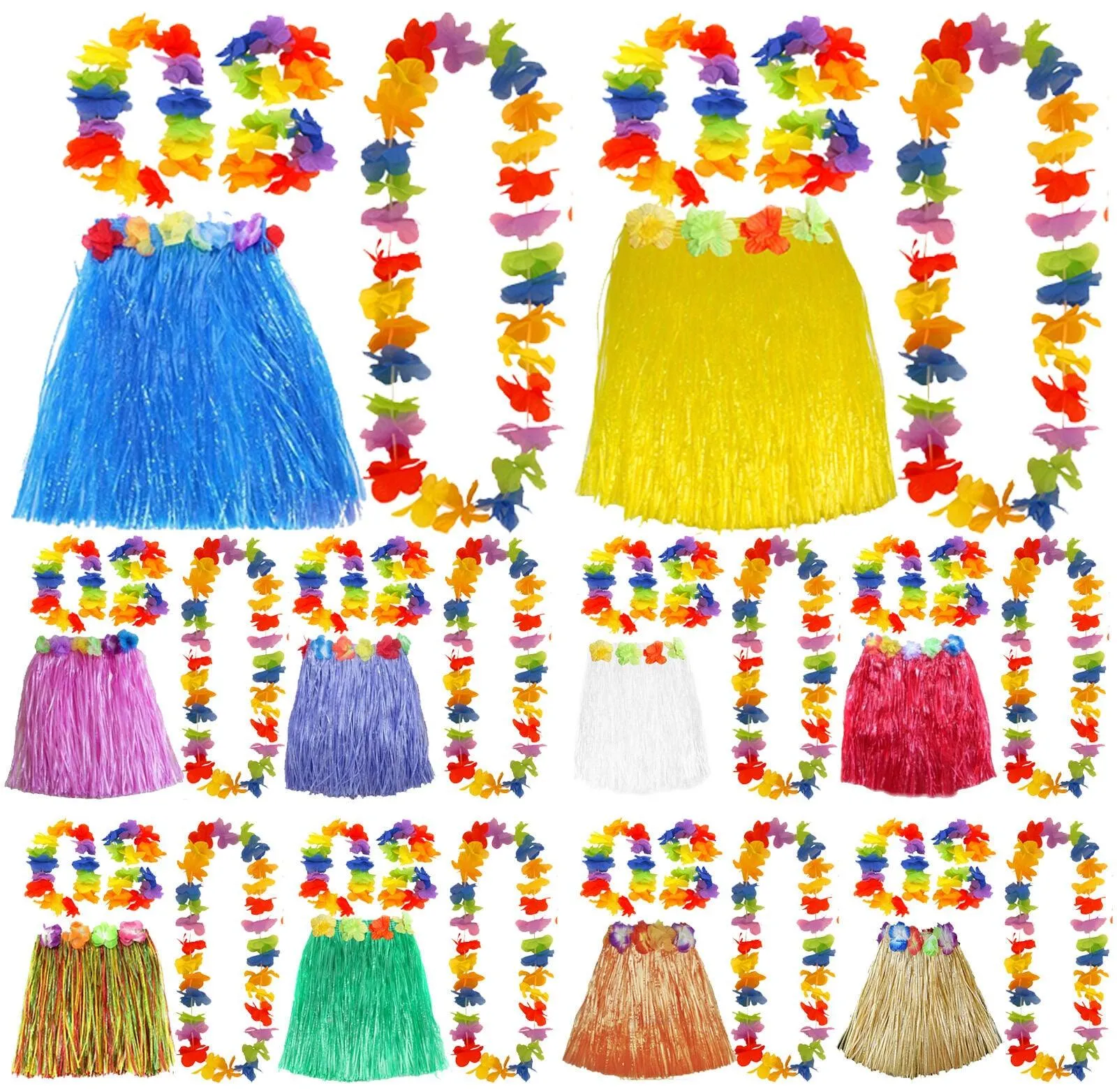 Hawaiian Hula Skirt 40cm Fancy Dress Costume And Lei Hula Set Ladies Girls