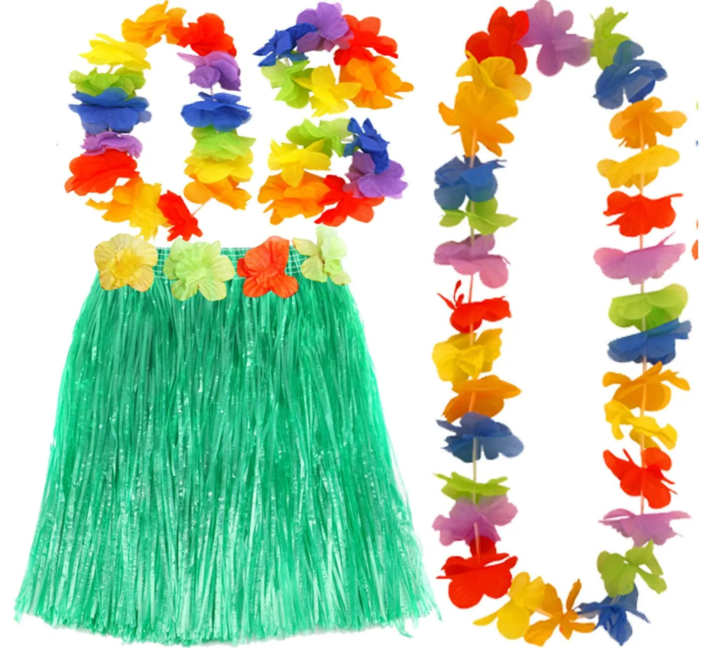 Hawaiian Hula Skirt 40cm Fancy Dress Costume And Lei Hula Set Ladies Girls
