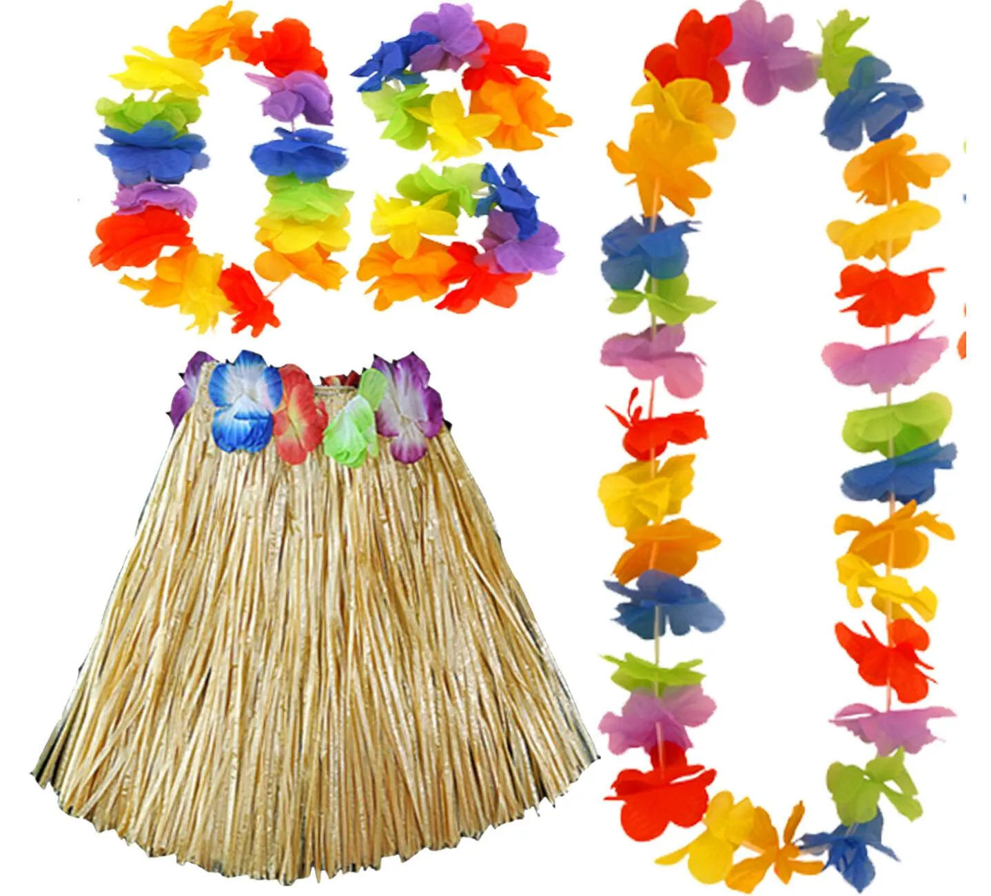 Hawaiian Hula Skirt 40cm Fancy Dress Costume And Lei Hula Set Ladies Girls