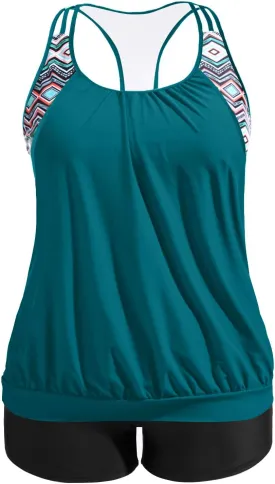 Holipick Plus Size Tankini Swimsuit for Women Two Piece Tummy Control Bathing Suit Blouson Racerback Tankini Top with Shorts