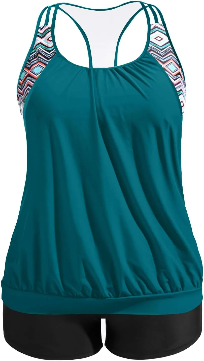Holipick Plus Size Tankini Swimsuit for Women Two Piece Tummy Control Bathing Suit Blouson Racerback Tankini Top with Shorts
