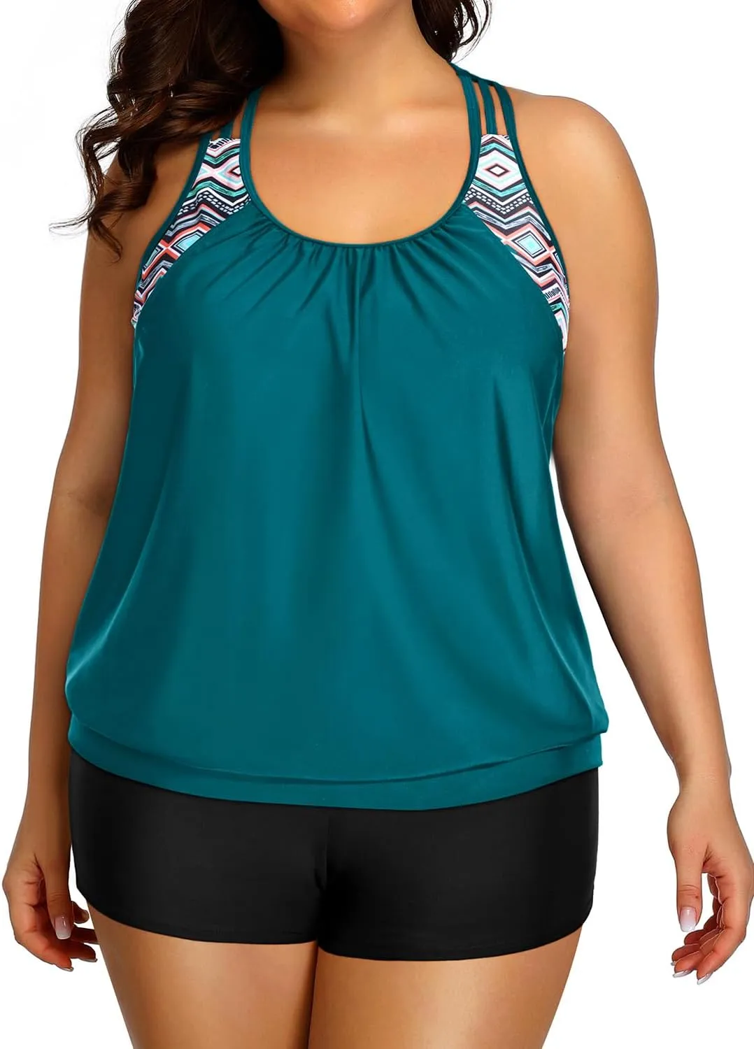 Holipick Plus Size Tankini Swimsuit for Women Two Piece Tummy Control Bathing Suit Blouson Racerback Tankini Top with Shorts