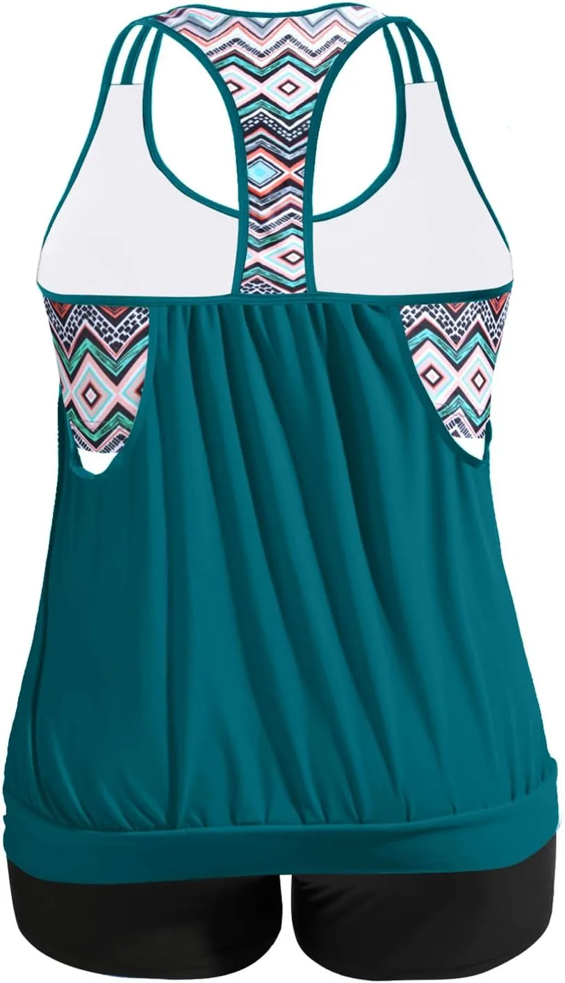 Holipick Plus Size Tankini Swimsuit for Women Two Piece Tummy Control Bathing Suit Blouson Racerback Tankini Top with Shorts