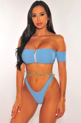 Iced Blue Textured Zipper Off Shoulder Bikini Bottom