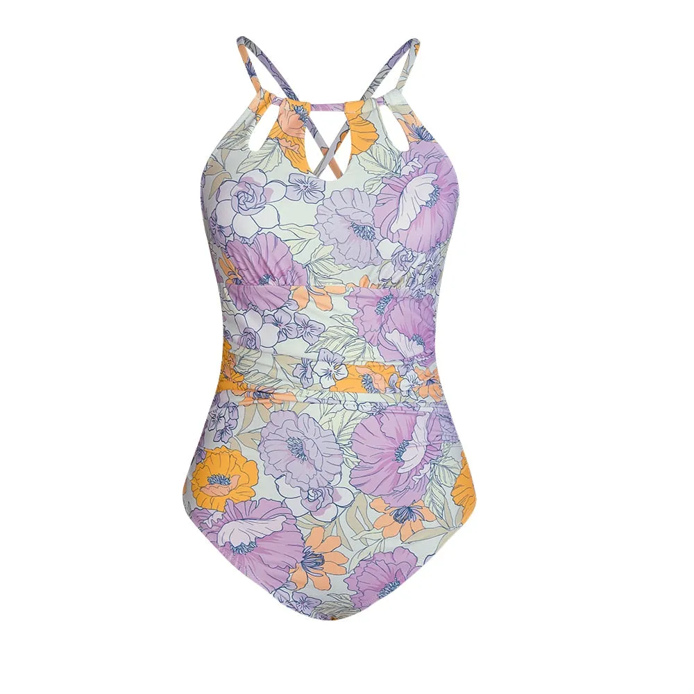 Ladies Lace Up Back One-Piece Cut Out black tummy control Swimsuit