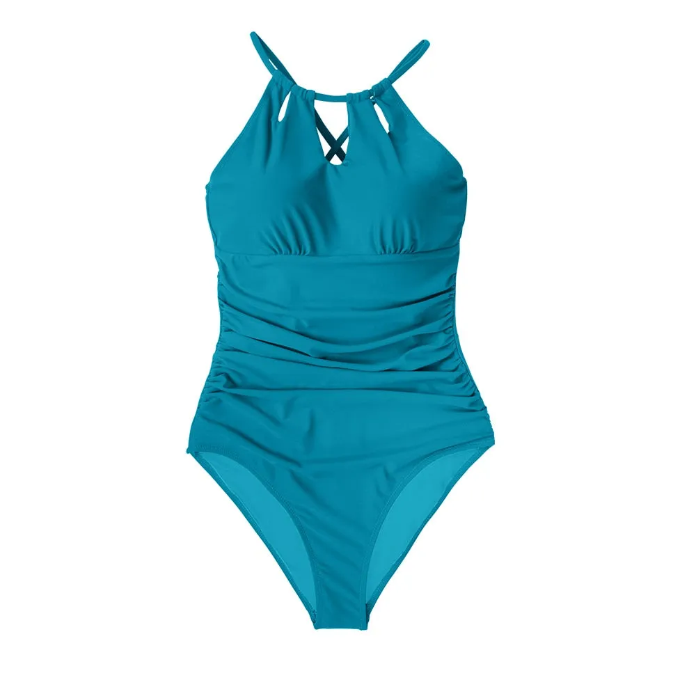 Ladies Lace Up Back One-Piece Cut Out black tummy control Swimsuit